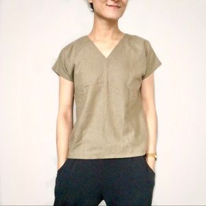Vintage raw silk (silk Noil) olive green boxy top